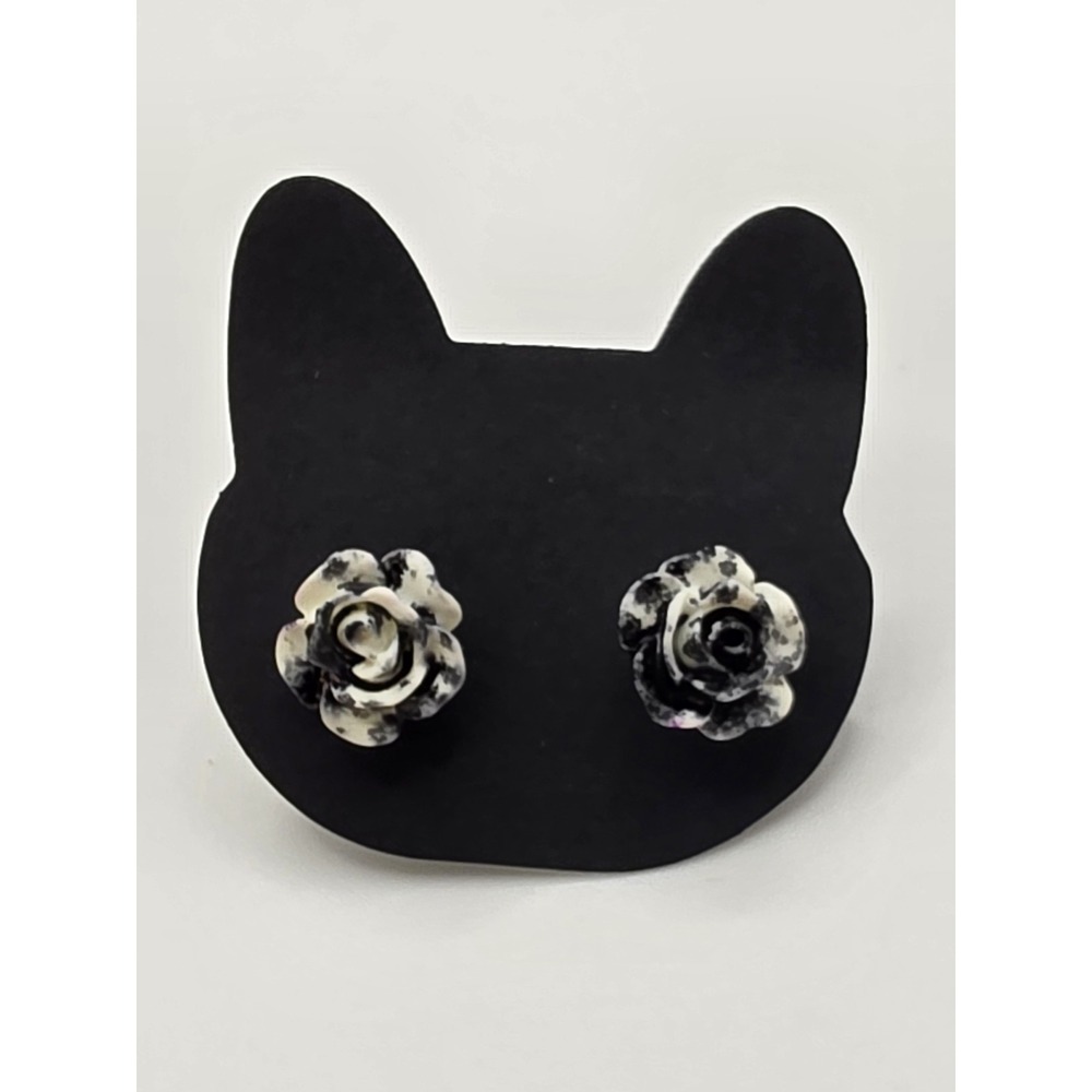Tiny Rose Flower Stud Earrings Black White